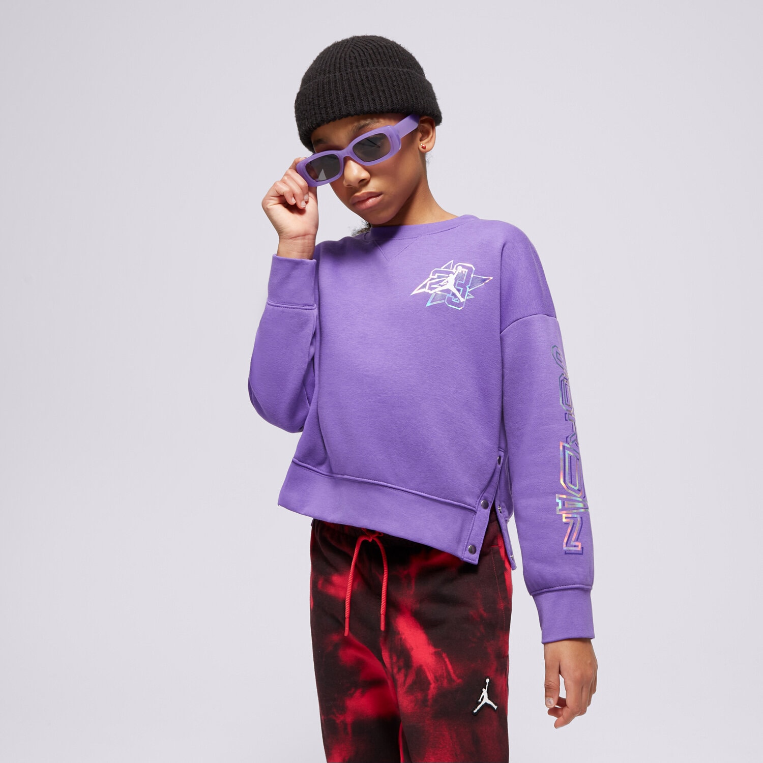 dětská mikina JORDAN MIKINA TAKE FLIGHT SNAP CREW GIRL 45C808-P44 FIALOVÁ