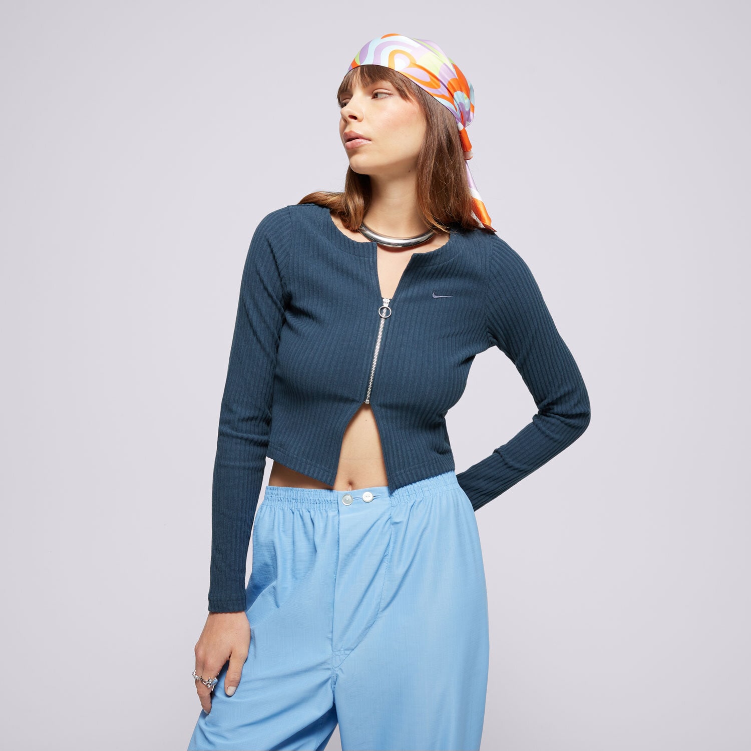 dámská mikina NIKE SVETR W NSW NK CHLL KNT RIB FZ CRDGN FN3682-478 TMAVOMODRÁ