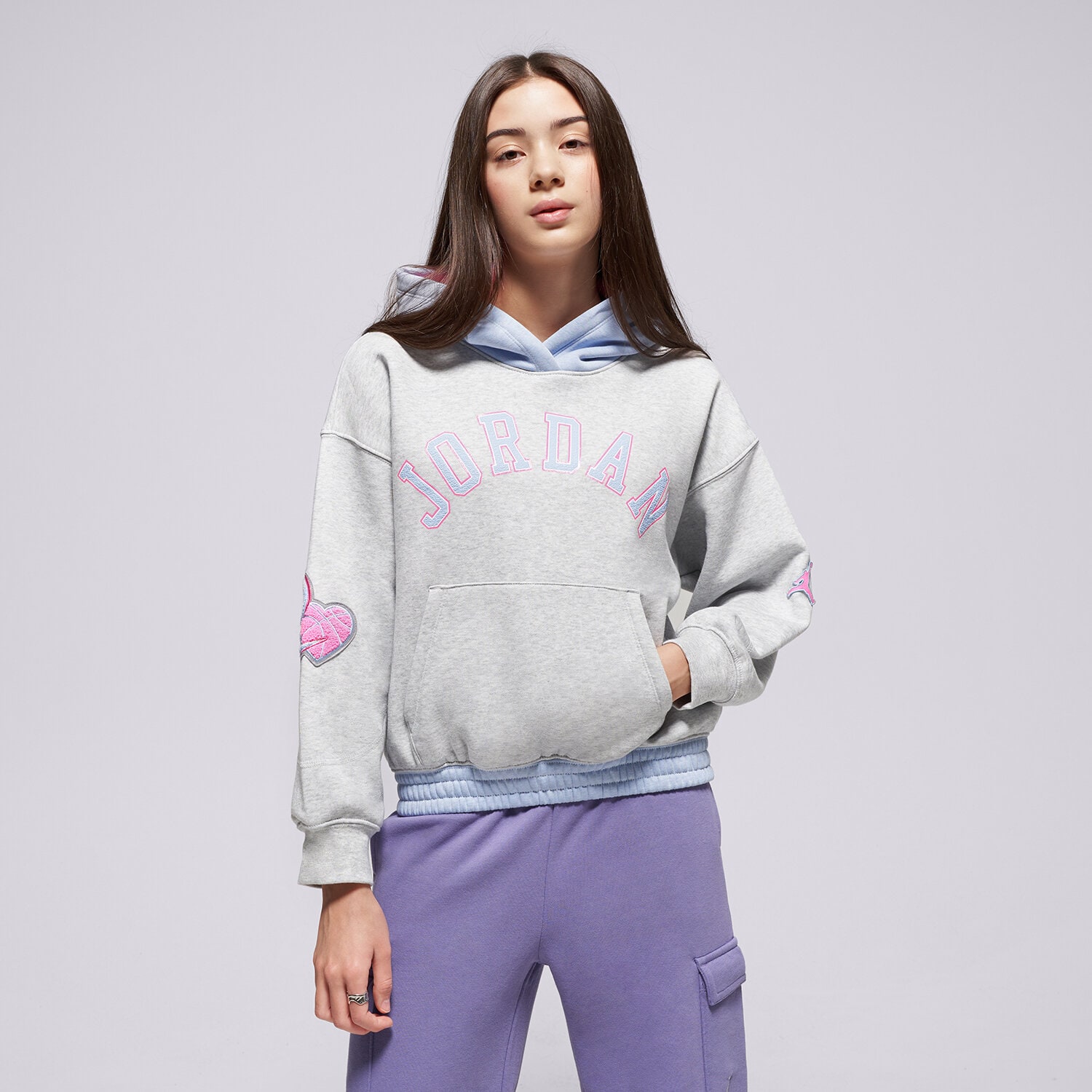 dětská mikina JORDAN MIKINA S KAPUCÍ JDG BLUE JEANS & BLING PO HOOD GIRL 45F193-G2H ŠEDÁ