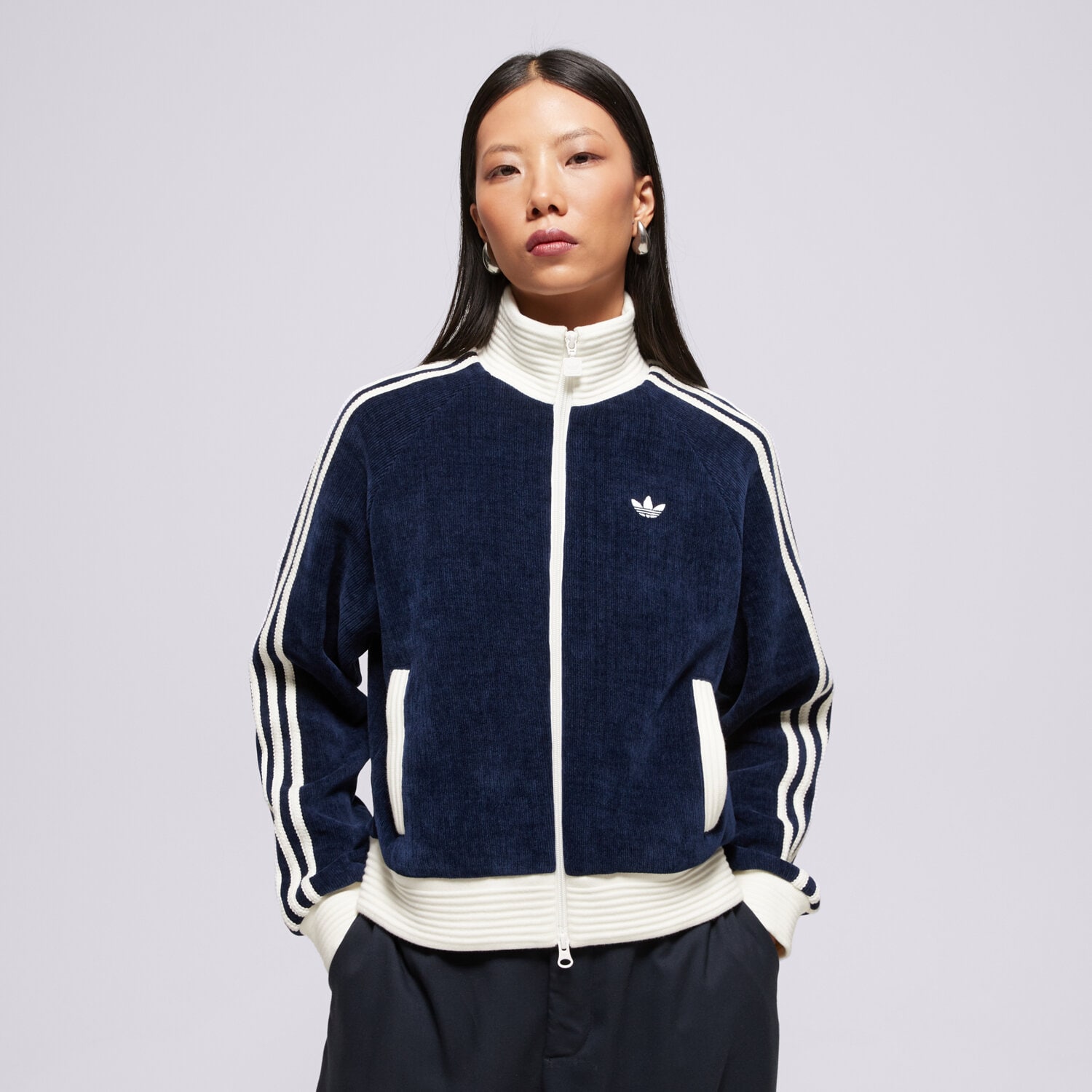dámská mikina ADIDAS MIKINA ROZEPÍNACÍ VELOUR KNIT TRACK TOP KS7779 TMAVOMODRÁ