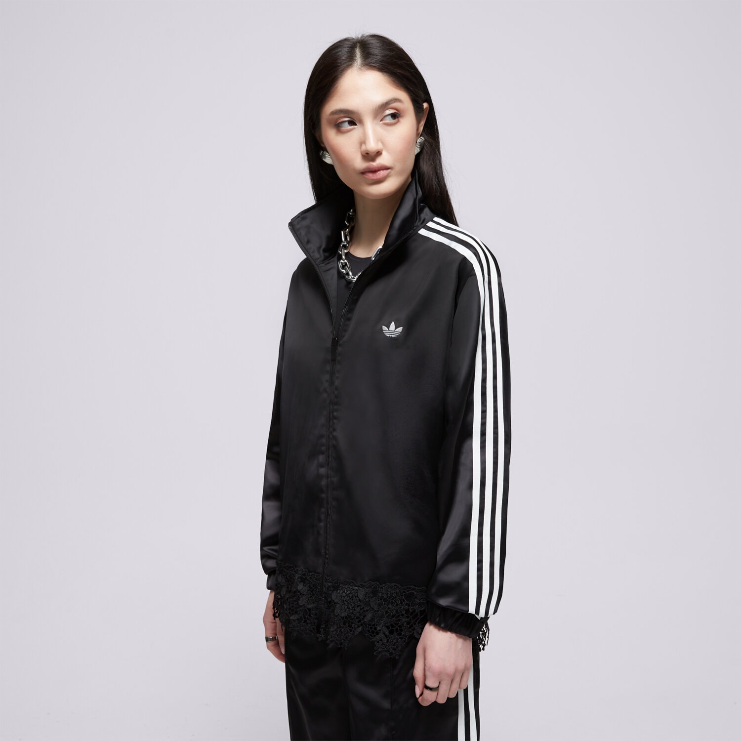 dámská mikina ADIDAS MIKINA ROZEPÍNACÍ SATIN   LACE TRACK TOP LOOSE FIREBI LF2670 ČERNÁ