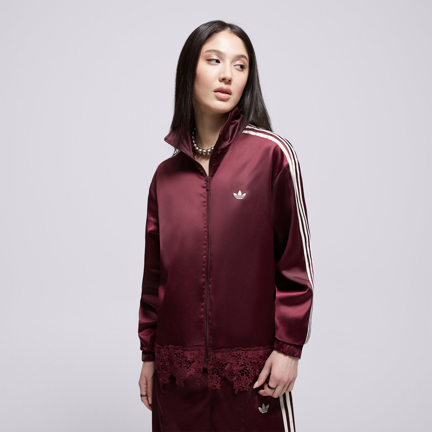 dámská mikina ADIDAS MIKINA ROZEPÍNACÍ SATIN   LACE TRACK TOP LOOSE FIREBI LD1804 BORDOVÁ