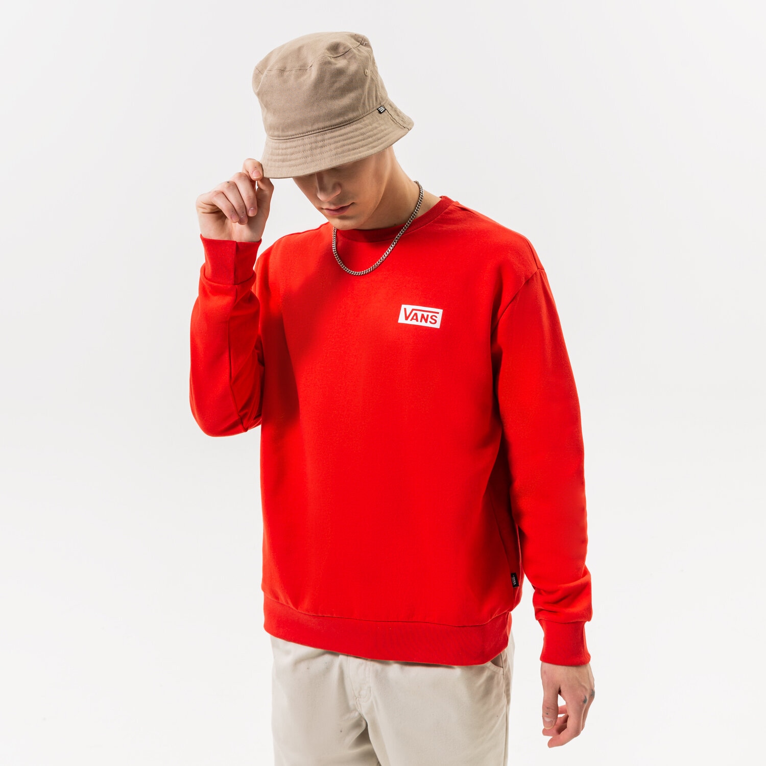 pánská mikina VANS MIKINA FOUNDATION MINI LOGO CREW VN0007FP6UA ČERVENÁ