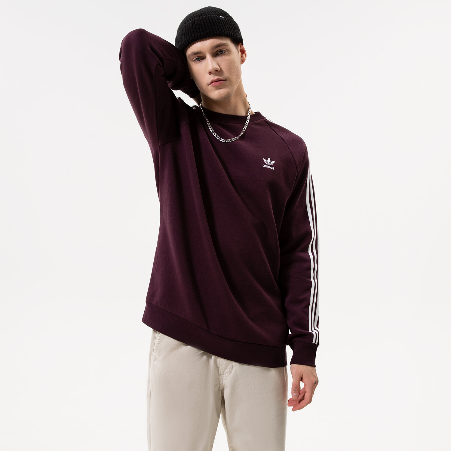pánská mikina ADIDAS MIKINA 3-STRIPES CREW HK7291 BORDOVÁ
