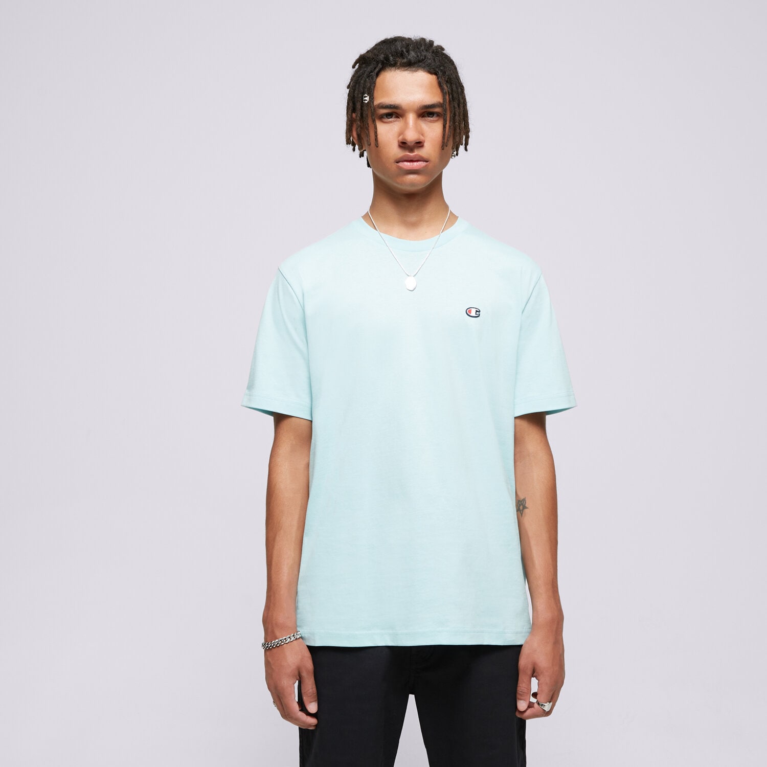 pánské tričko CHAMPION TRIČKO CREWNECK TEE 220453BS017 Tyrkysová