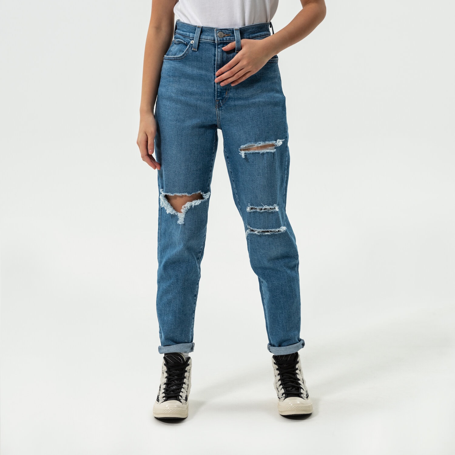 dámské kalhoty LEVI'S KALHOTY  HIGH WAISTED MOM JEAN 26986-0016 MODRÁ