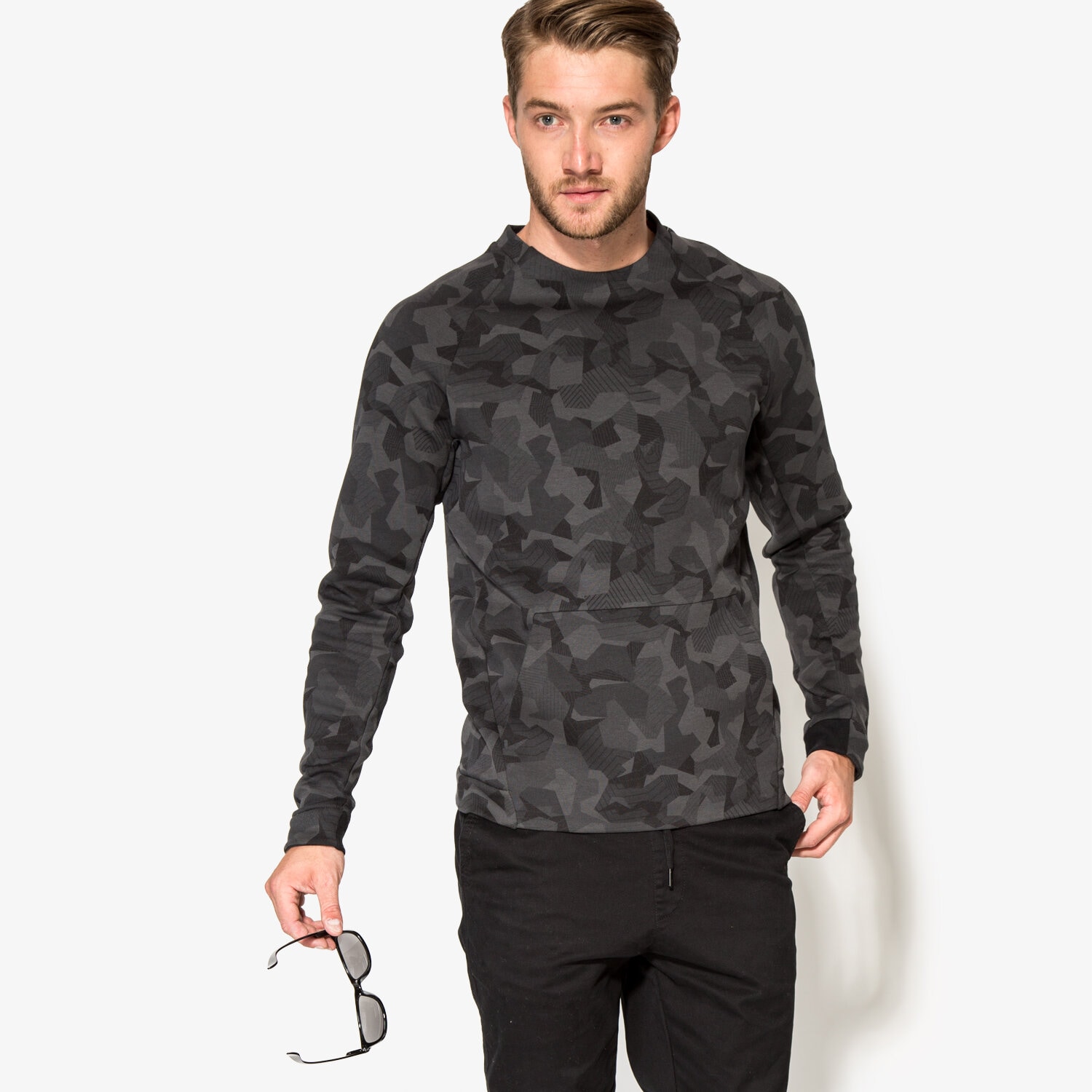 pánská mikina NIKE MIKINA M NSW TCH FLC CRW AOP 823501021 ŠEDÁ