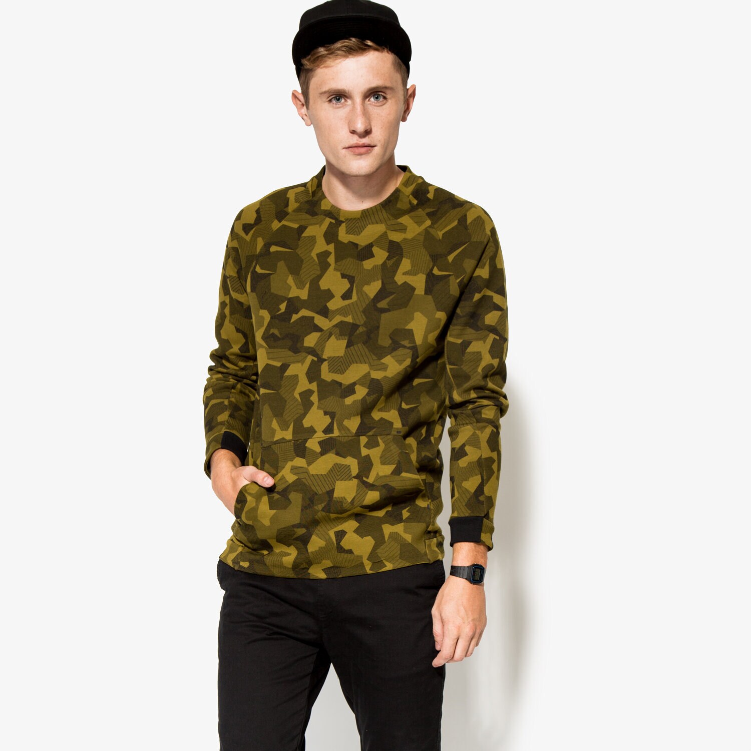 pánská mikina NIKE MIKINA M NSW TCH FLC CRW AOP 823501347 KHAKI