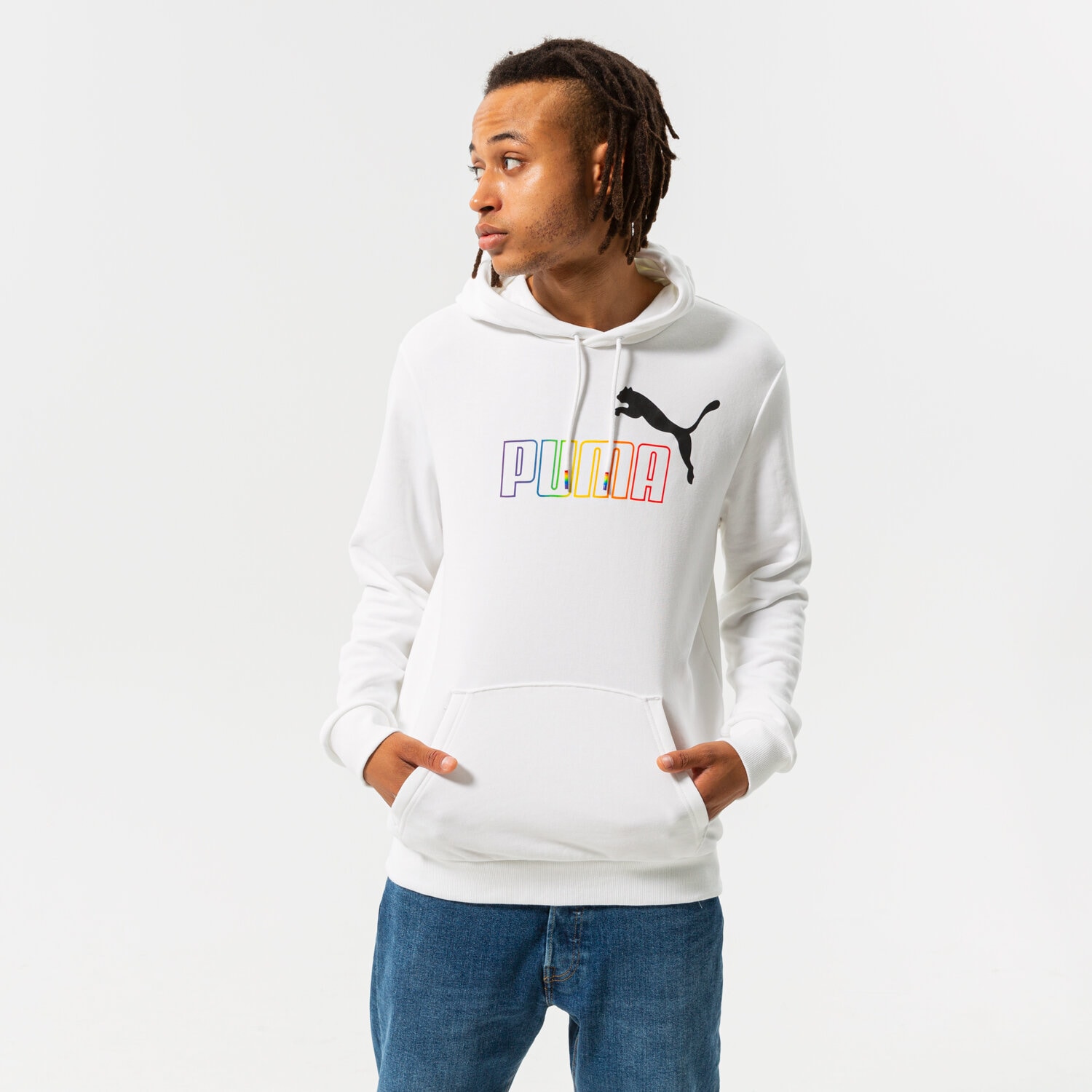 pánská mikina PUMA MIKINA S KAPUCÍ ESS+ RAINBOW HOODIE TR 848678 02 BÍLÁ