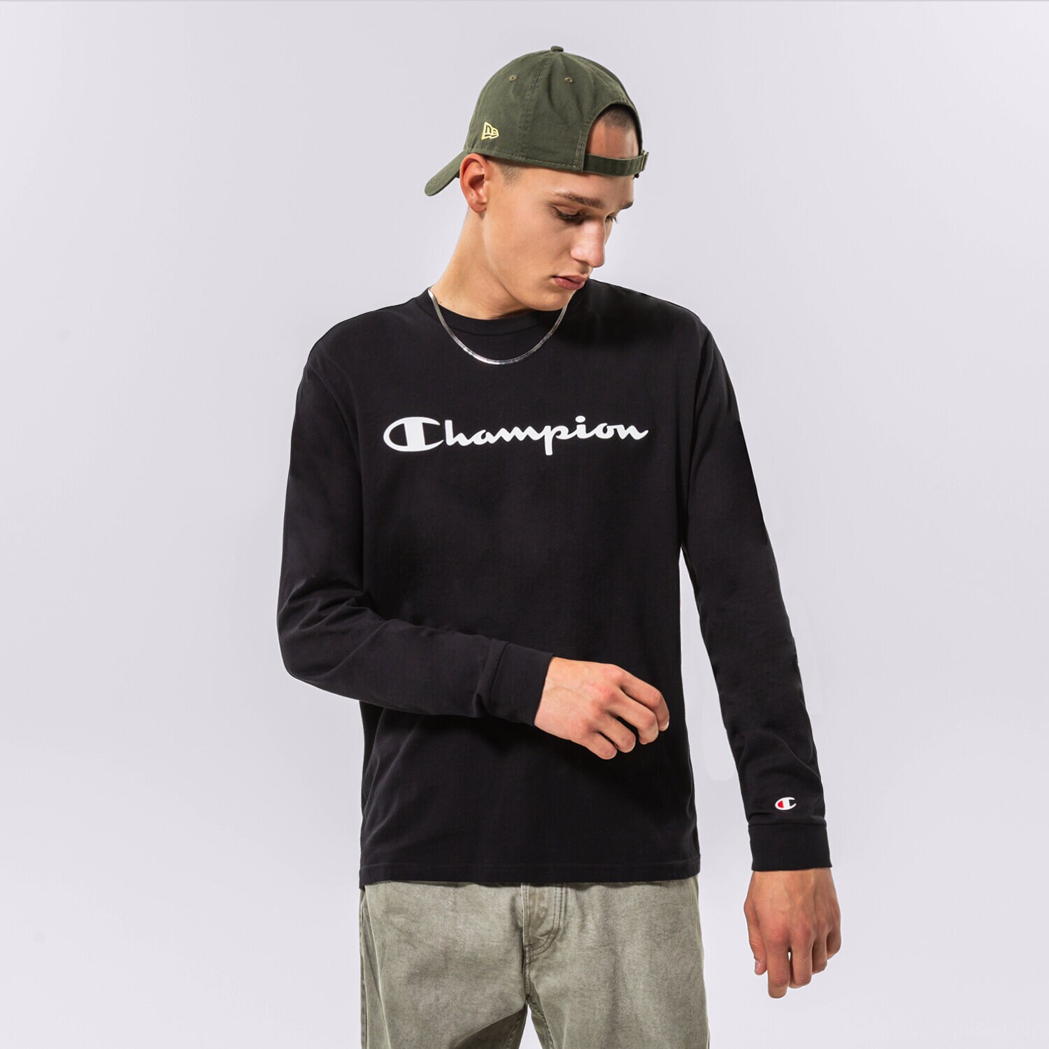 pánské tričko CHAMPION TRIČKO CREWNECK LONG SLEEVE TRIČKO 218285KK001 ČERNÁ