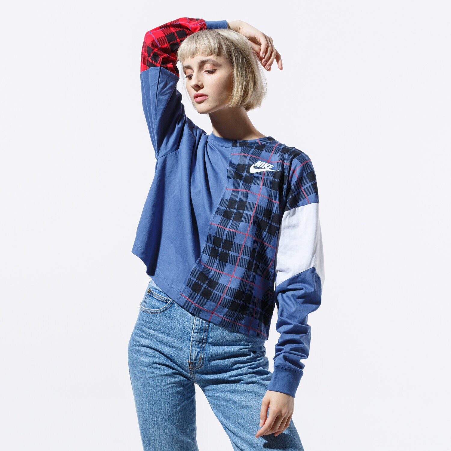 dámská mikina NIKE MIKINA W NSW TOP LS PLAID BV4674-469 TMAVOMODRÁ