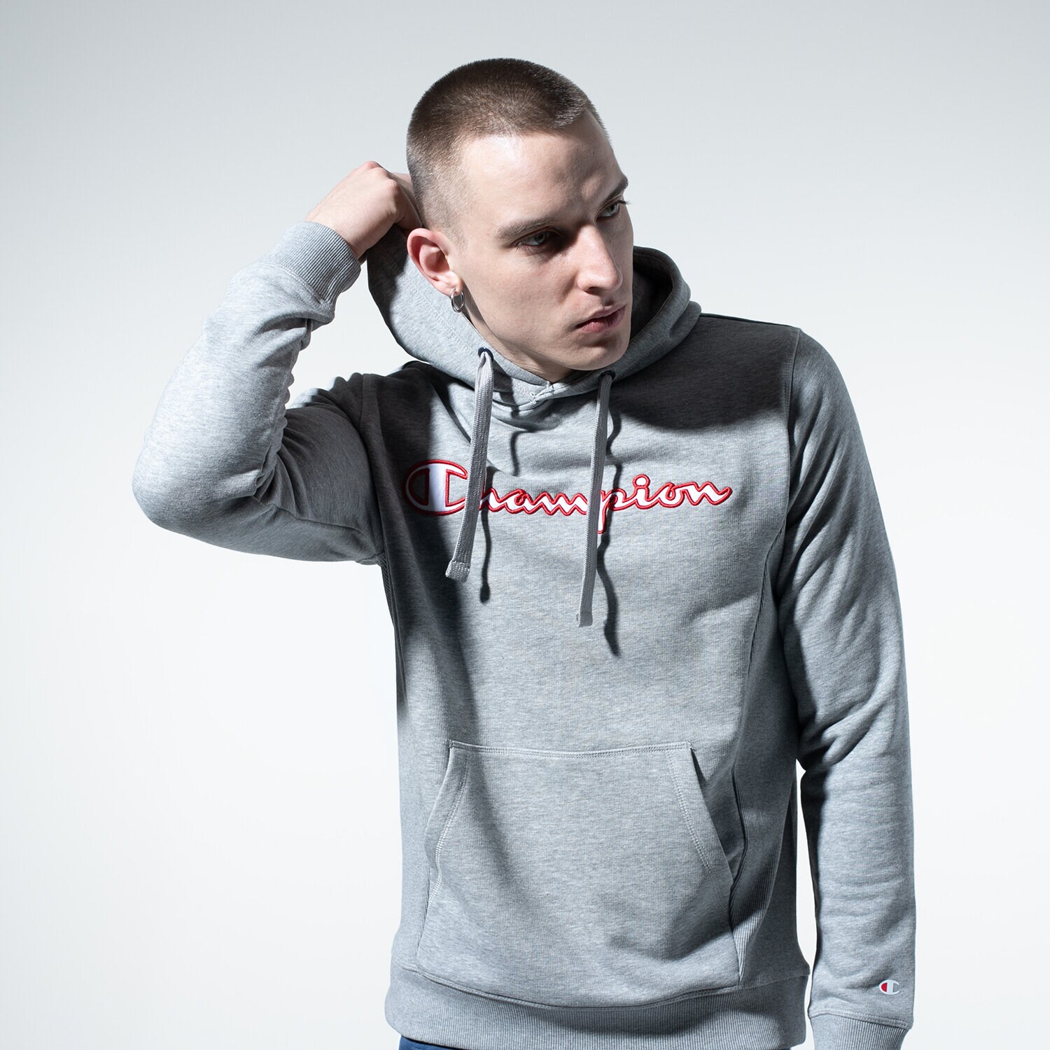 pánská mikina CHAMPION MIKINA S KAPUCÍ LOGO HOODY 215496EM006 ŠEDÁ