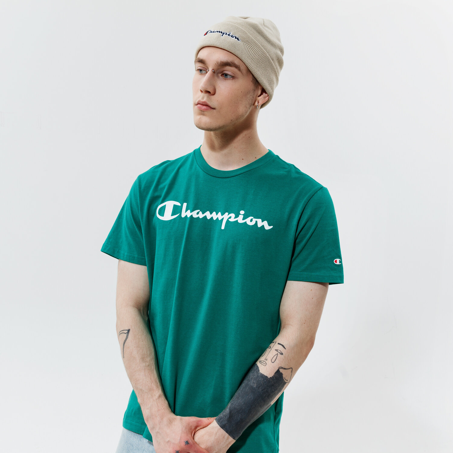 pánské tričko CHAMPION TRIČKO CREWNECK TRIČKO 216957GS040 ZELENÁ