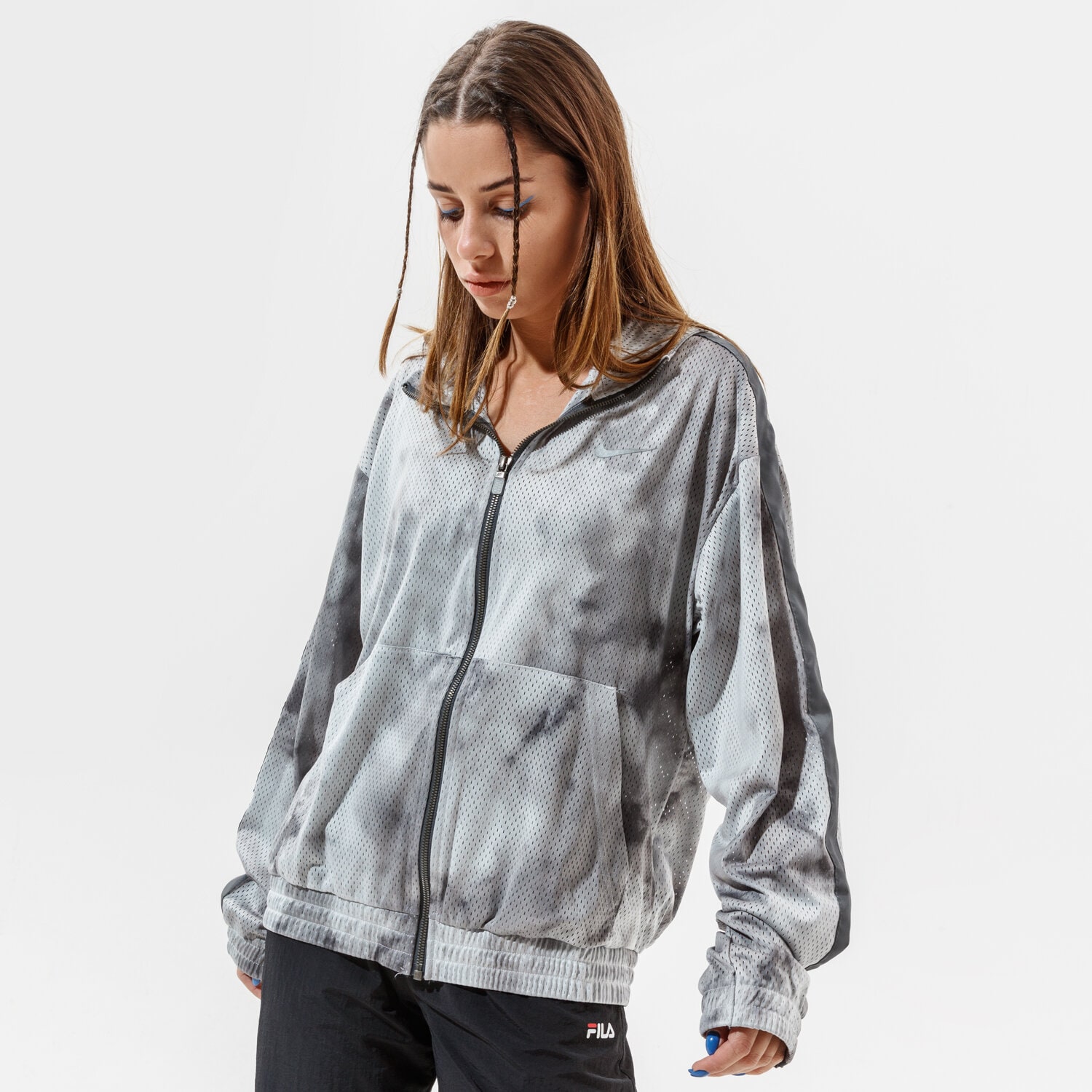 Přechodná bunda dámská (podzimní, jarní) NIKE BUNDA W NSW ICN CLSH JKT MESH AOP CZ9318-084 ŠEDÁ