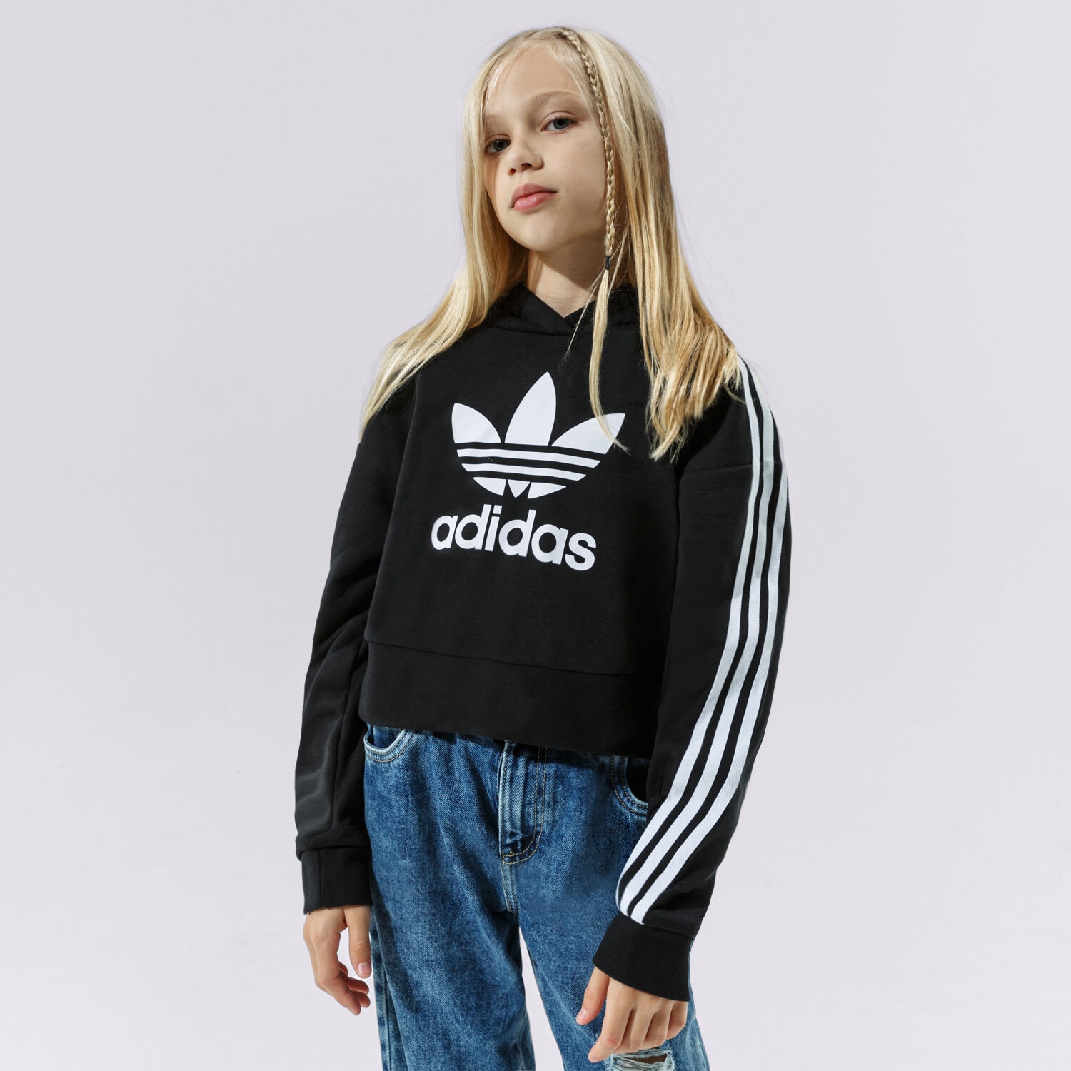 dětská mikina ADIDAS MIKINA S KAPUCÍ CROPPED HOODIE GIRL H32337 ČERNÁ