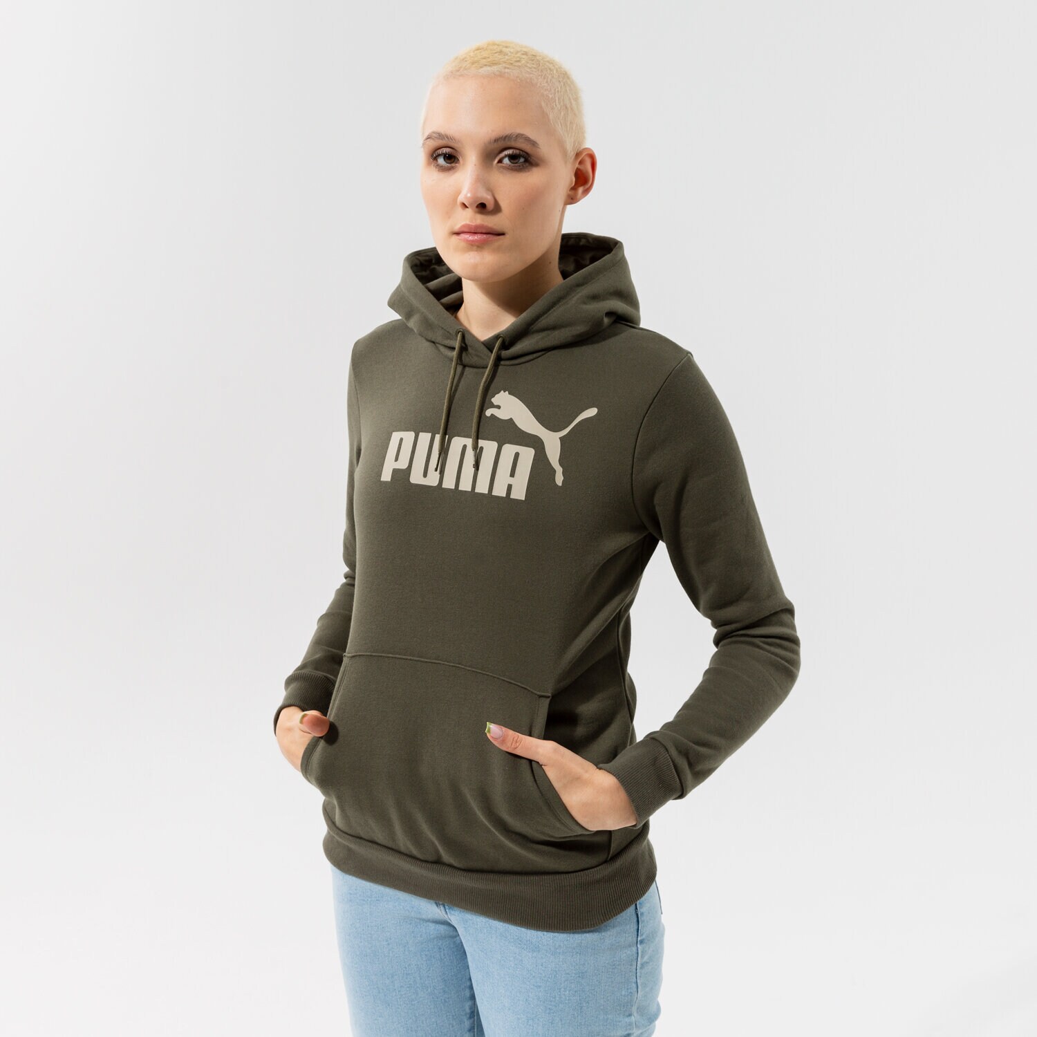 dámská mikina PUMA MIKINA S KAPUCÍ ESS LOGO HOODIE FL (S) - GRAPE LEAF 58678944 KHAKI