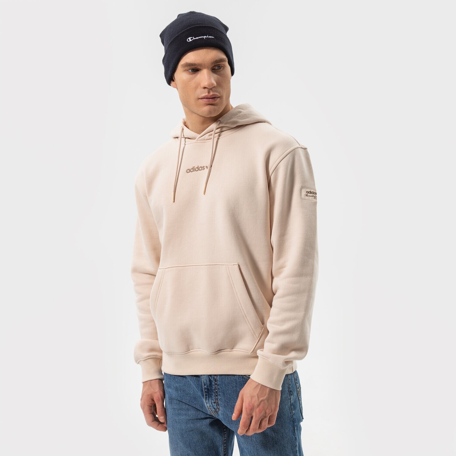 pánská mikina ADIDAS MIKINA S KAPUCÍ TREFOIL LINEAR LABEL HOODIE HM2654 BÉŽOVÁ