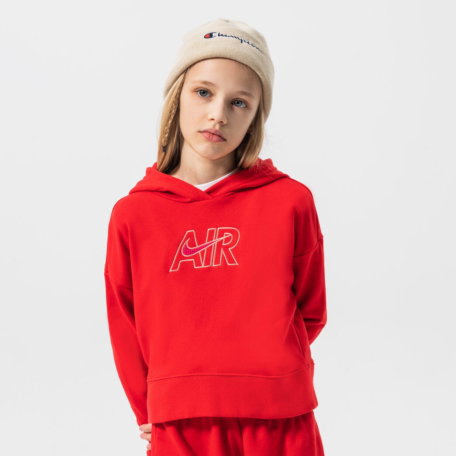 dětská mikina NIKE MIKINA S KAPUCÍ G NSW AIR FT CROP GIRL DM8372-657 ČERVENÁ