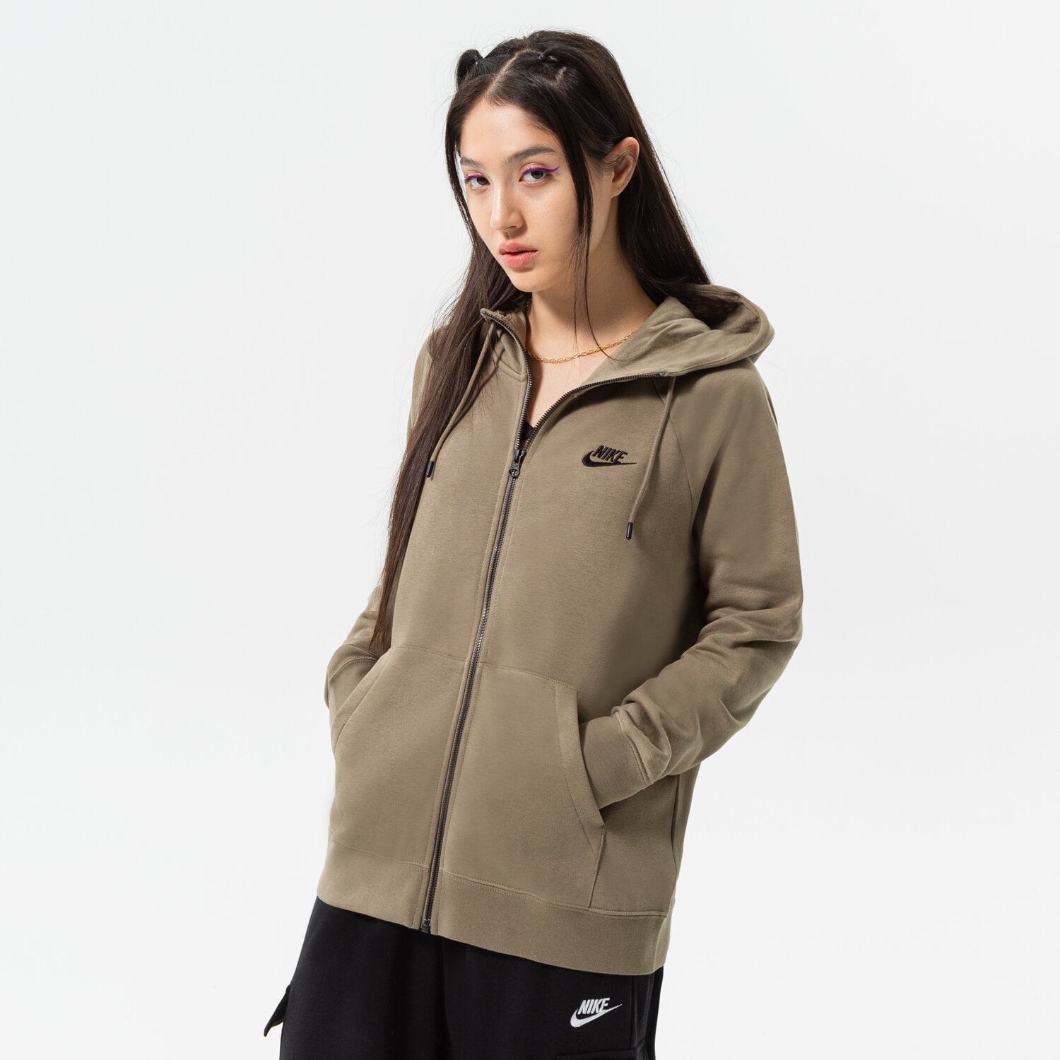 dámská mikina NIKE MIKINA S KAPUCÍ W NSW ESSNTL FLC FZ HOODIE DX2317-351 KHAKI