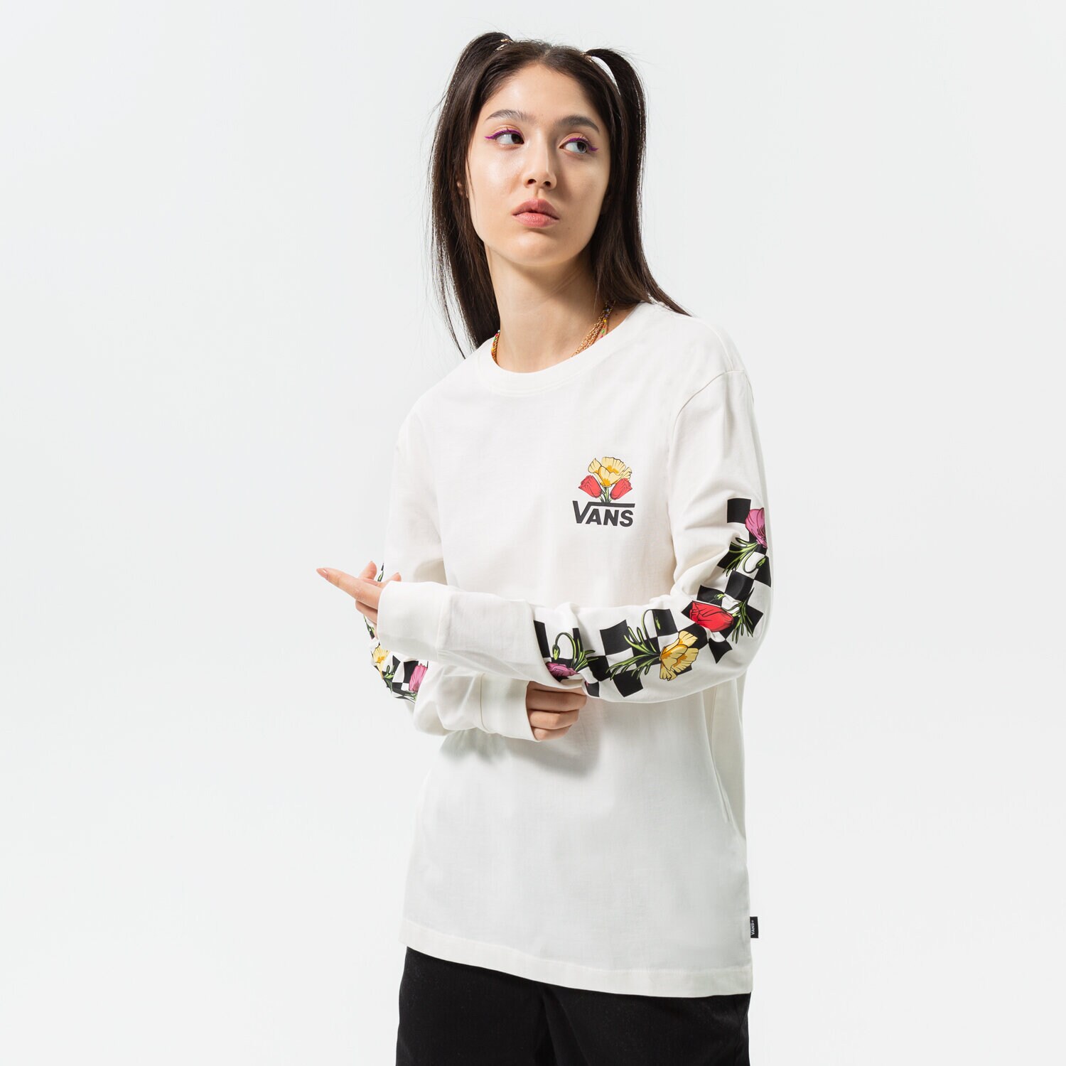 dámské tričko VANS TRIČKO POPPY CHECK LS BFF VN0A7YV9FS81 BÍLÁ