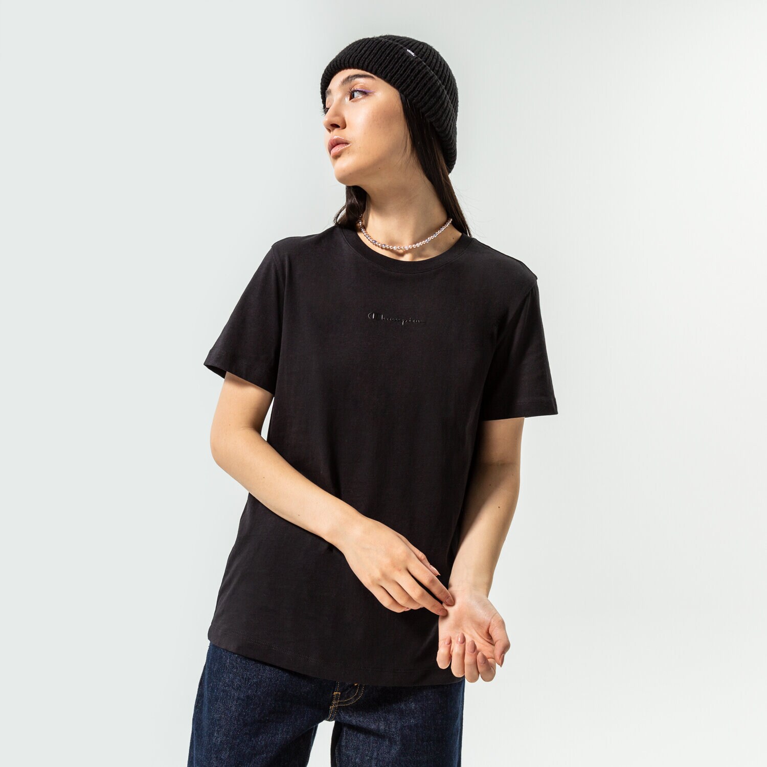 dámské tričko CHAMPION TRIČKO CREWNECK CROP TRIČKO 115683KK001 ČERNÁ