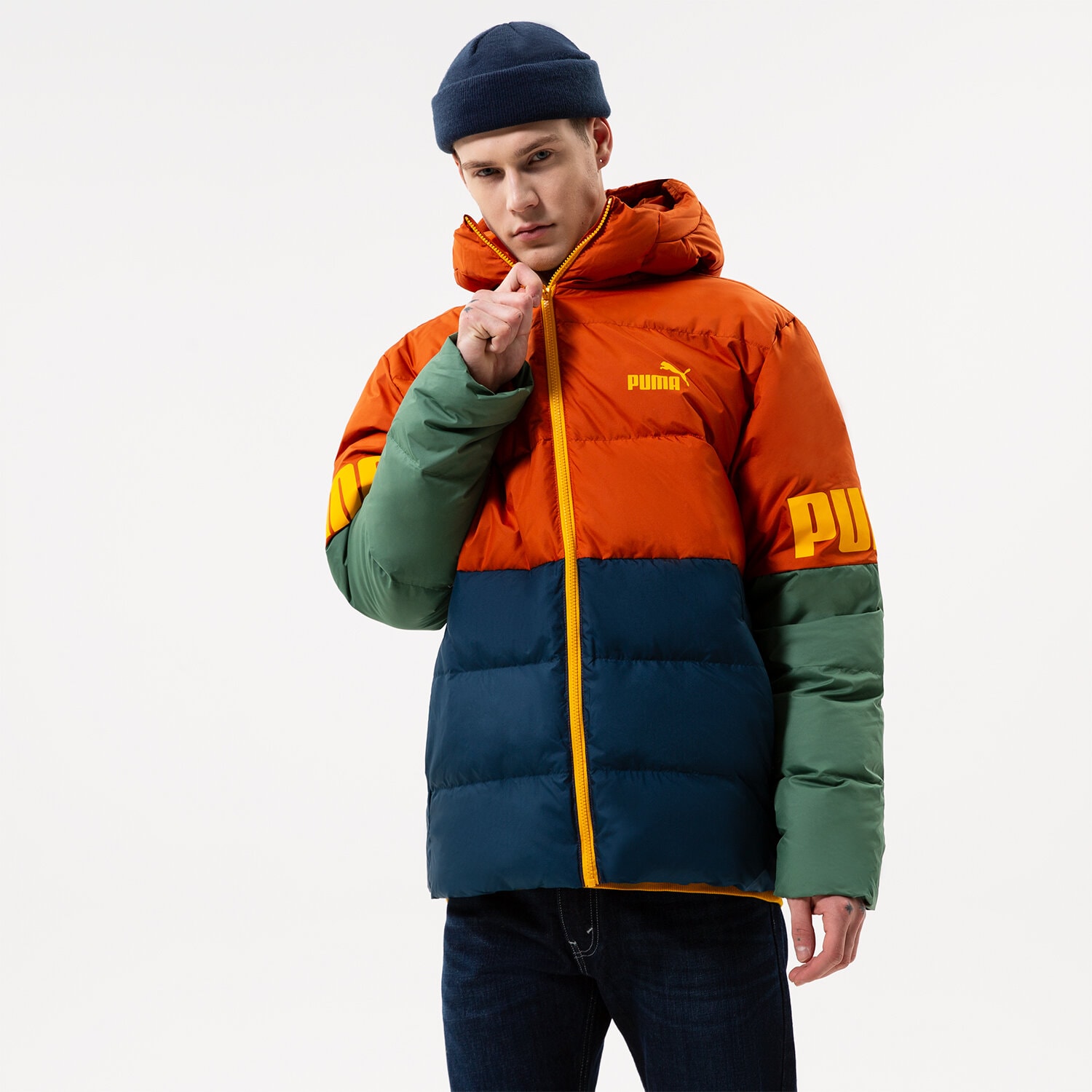 pánská zimní bunda PUMA BUNDA ZIMNÍ PUMA POWER HOODED DOWN PUFFER 849335 64 TMAVOMODRÁ