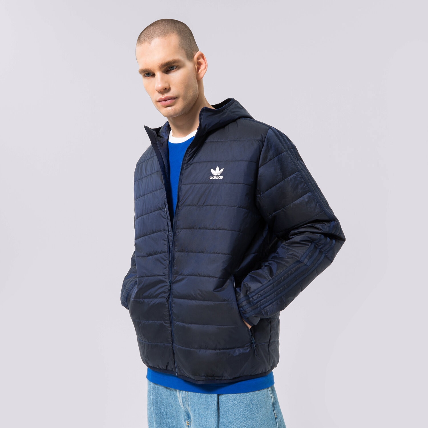 pánská zimní bunda ADIDAS BUNDA PÉŘOVÁ PAD HOODED PUFF HL9210 MODRÁ